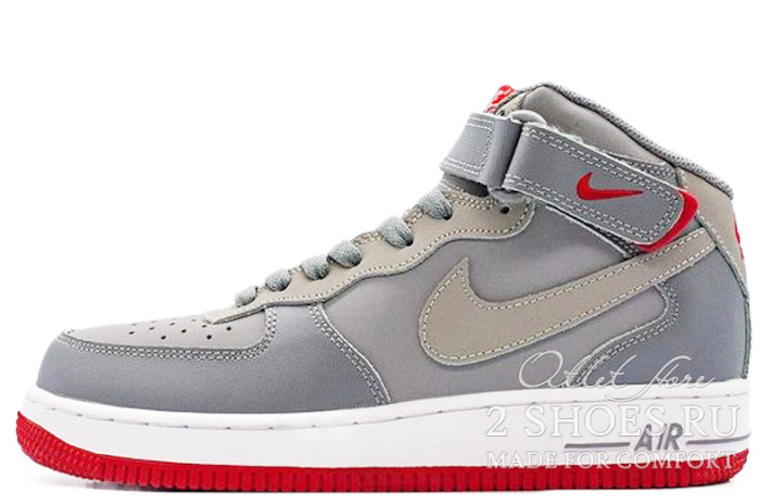 Кроссовки Nike Air Force 1 Mid Wolf Grey Bright Crimson 315123-030 серые, кожаные